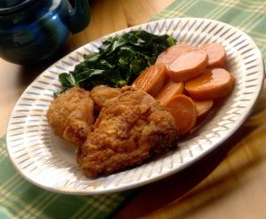 Deep Fried Chicken , Collard Greens , and Yams