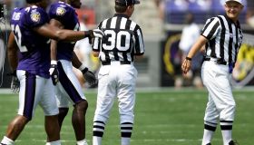 Baltimore Ravens team captians Ray Lewis (L) and S
