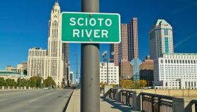Scioto River Sign in Columbus Ohio, with setting sunlight