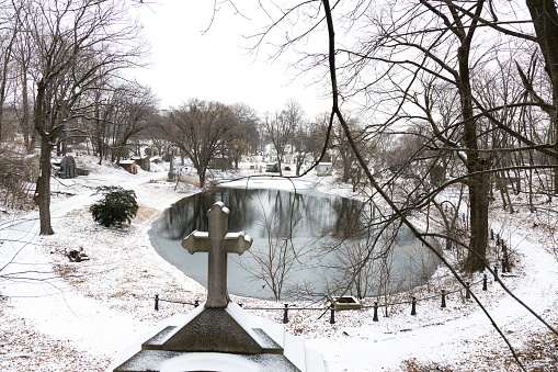 Frozen pond at Green-Wood Cemetery.