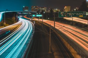 High Angle View Of Light Trails On Multiple Lane Highway At Night