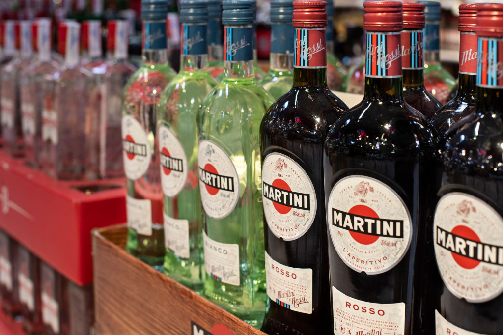 Bottles of Italian vermouth brand Martini displayed for sale...