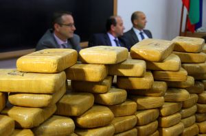 Bulgarian police investigators attend a press conference following a drugs bust