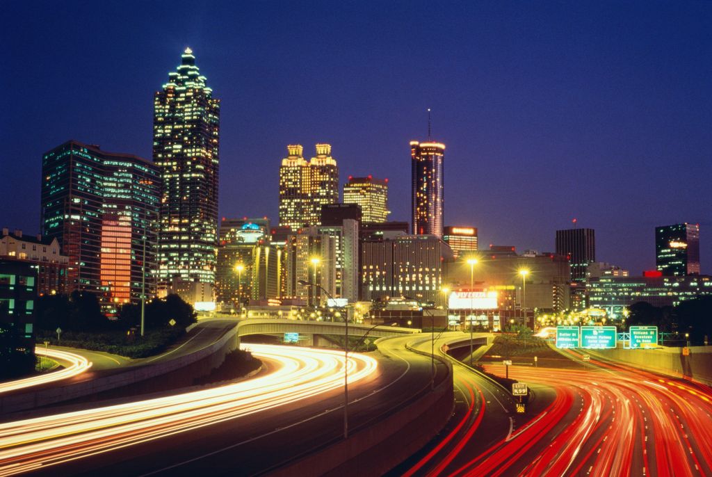 USA, Georgia, Atlanta, highway and skyline at night