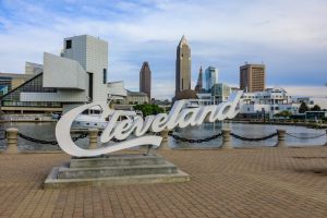 Cleveland script sign and city skyline - North Coast Harbor