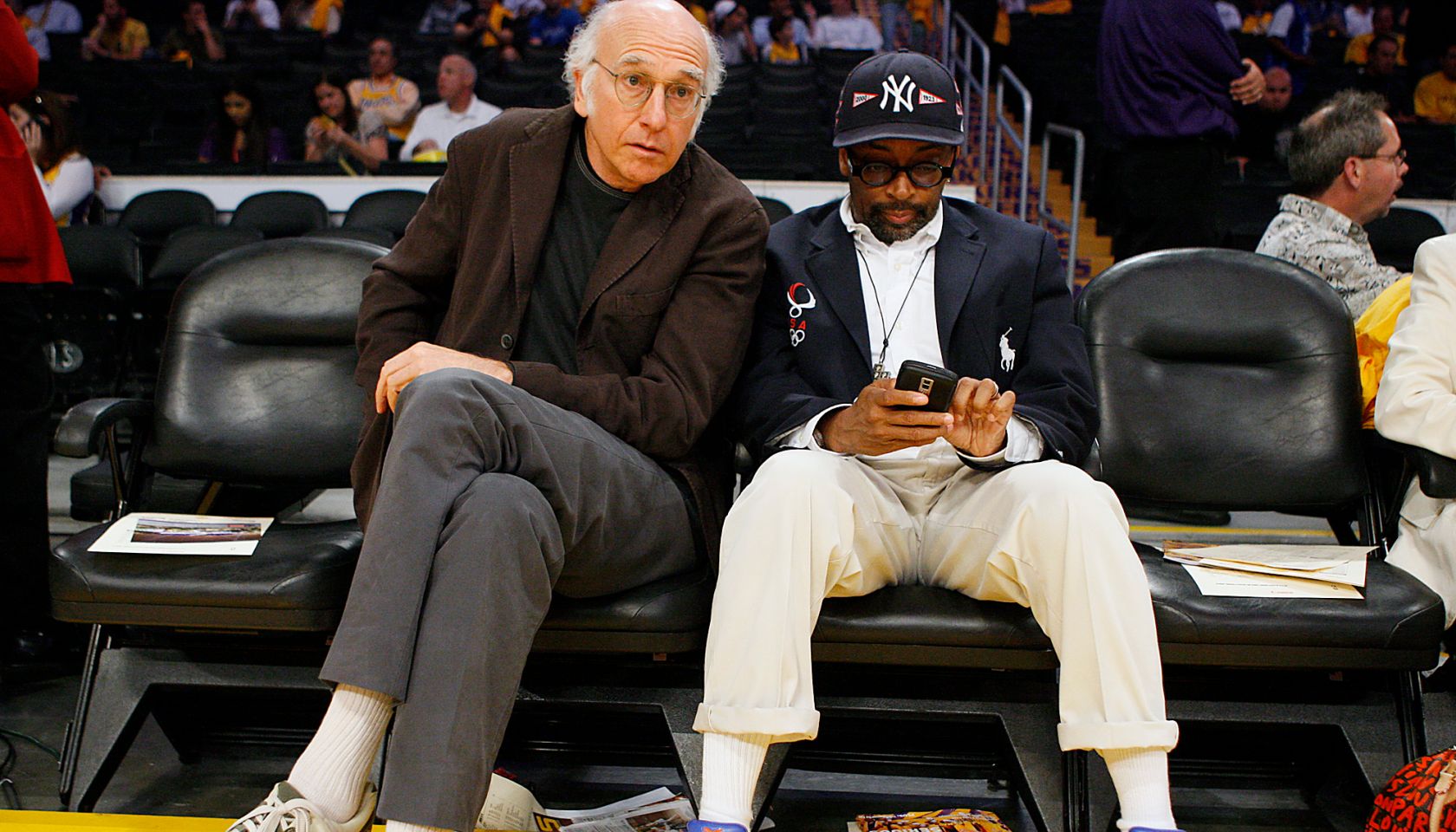 (Los Angeles, CA  Tuesday, May 18, 2009) Larry David, left, and Spike Lee sit courtside before the