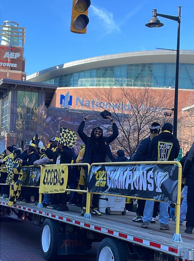 Pumping Up the Crowd in Front of Nationwide Arena