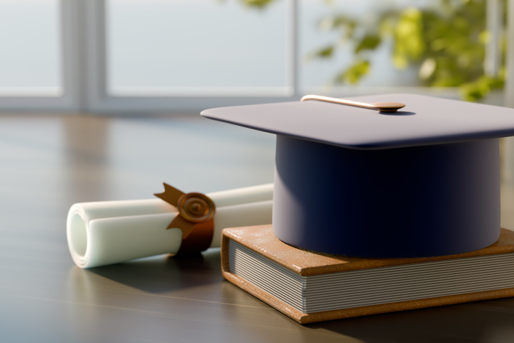 Graduation Concept: 3D Render of Mortarboard Cap on Book with Diploma Scroll