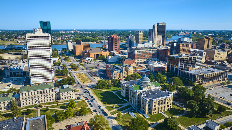 Aerial Toledo Downtown Skyline with Courthouse and River Views