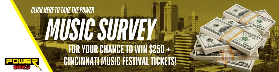 Click here to take the power. Music survey for your chance to win $250 + Cincinnati Music Festival tickets. Cityscape with skyscrapers and stacks of US dollar bills.