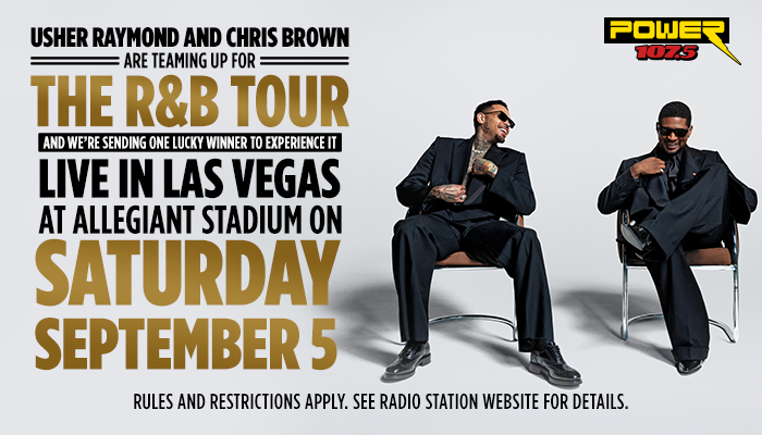 Usher Raymond and Chris Brown seated in chairs, promoting "The R&B Tour" live in Las Vegas at Allegiant Stadium on Saturday, September 5.
