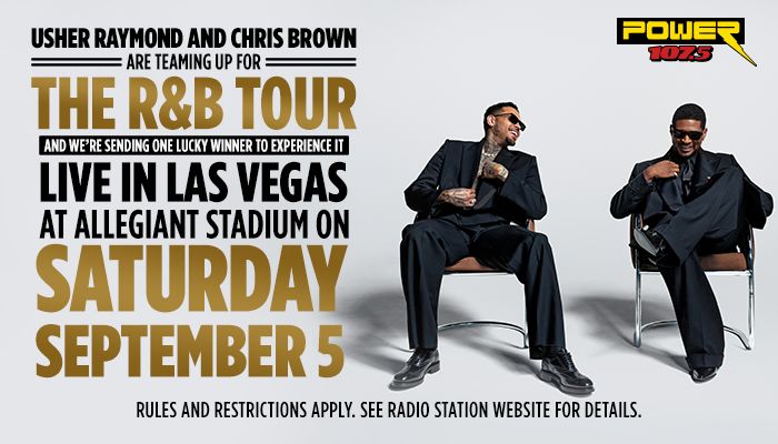Usher Raymond and Chris Brown seated in chairs, promoting "The R&B Tour" live in Las Vegas at Allegiant Stadium on Saturday, September 5.
