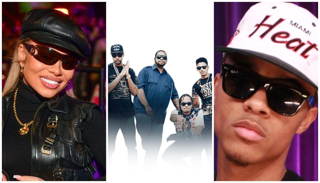 A collage of three images: a woman in a black leather jacket and sunglasses smiling, a group of men in casual clothing, and a man wearing a Miami Heat helmet and sunglasses.