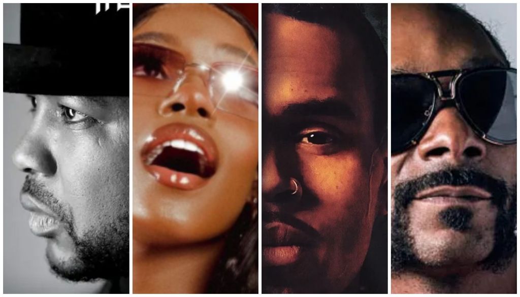 Four close-up portraits of diverse individuals with intense expressions, including a man wearing a hat, a woman with glasses, a man with facial hair, and a man wearing sunglasses.
