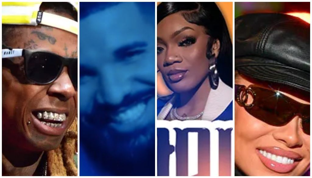 Collage of four images: 1) A man with tattoos and sunglasses smiling, 2) a blurred blue background, 3) a woman with dark hair and makeup, 4) a woman wearing sunglasses and smiling.