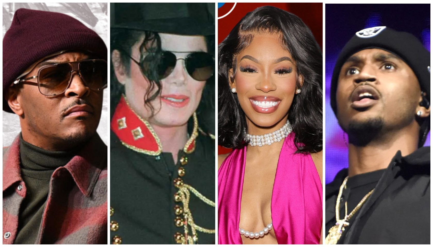 Four portraits of famous musicians: a man in a red hat and sunglasses, Michael Jackson in a red jacket, a woman in a pink dress with jewelry, and a man in a black hat.