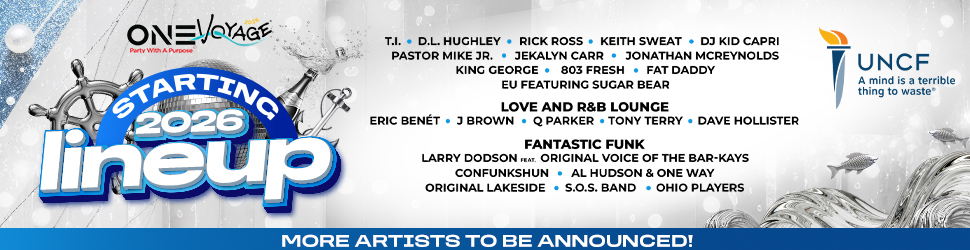 One Voyage festival lineup poster featuring musical artists performing in 2026, including T.I., D.L. Hughley, Rick Ross, Keith Sweat, and DJ Kid Capri.