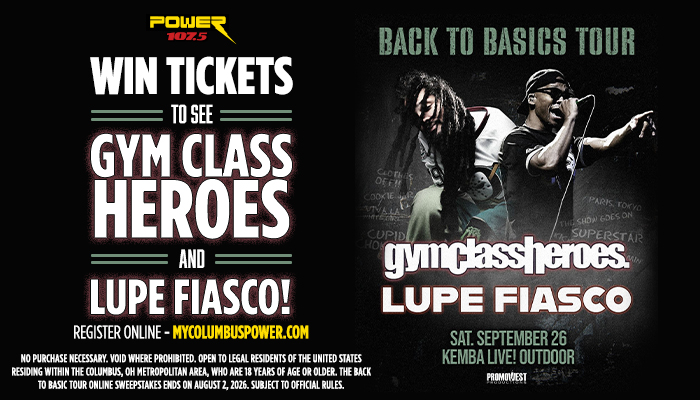 Promotional poster for "Back to Basics Tour" featuring Gym Class Heroes and Lupe Fiasco, with details on how to win tickets.
