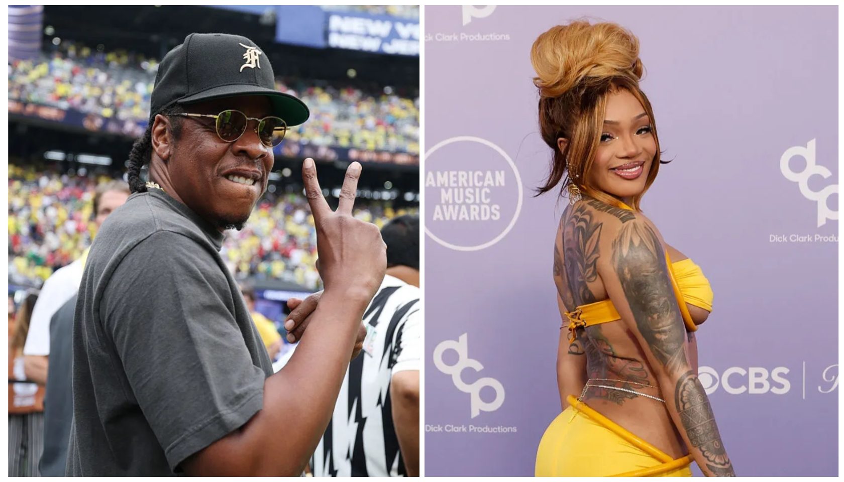 A man wearing a baseball cap and sunglasses making a hand gesture, and a woman in a yellow dress posing at the American Music Awards event.