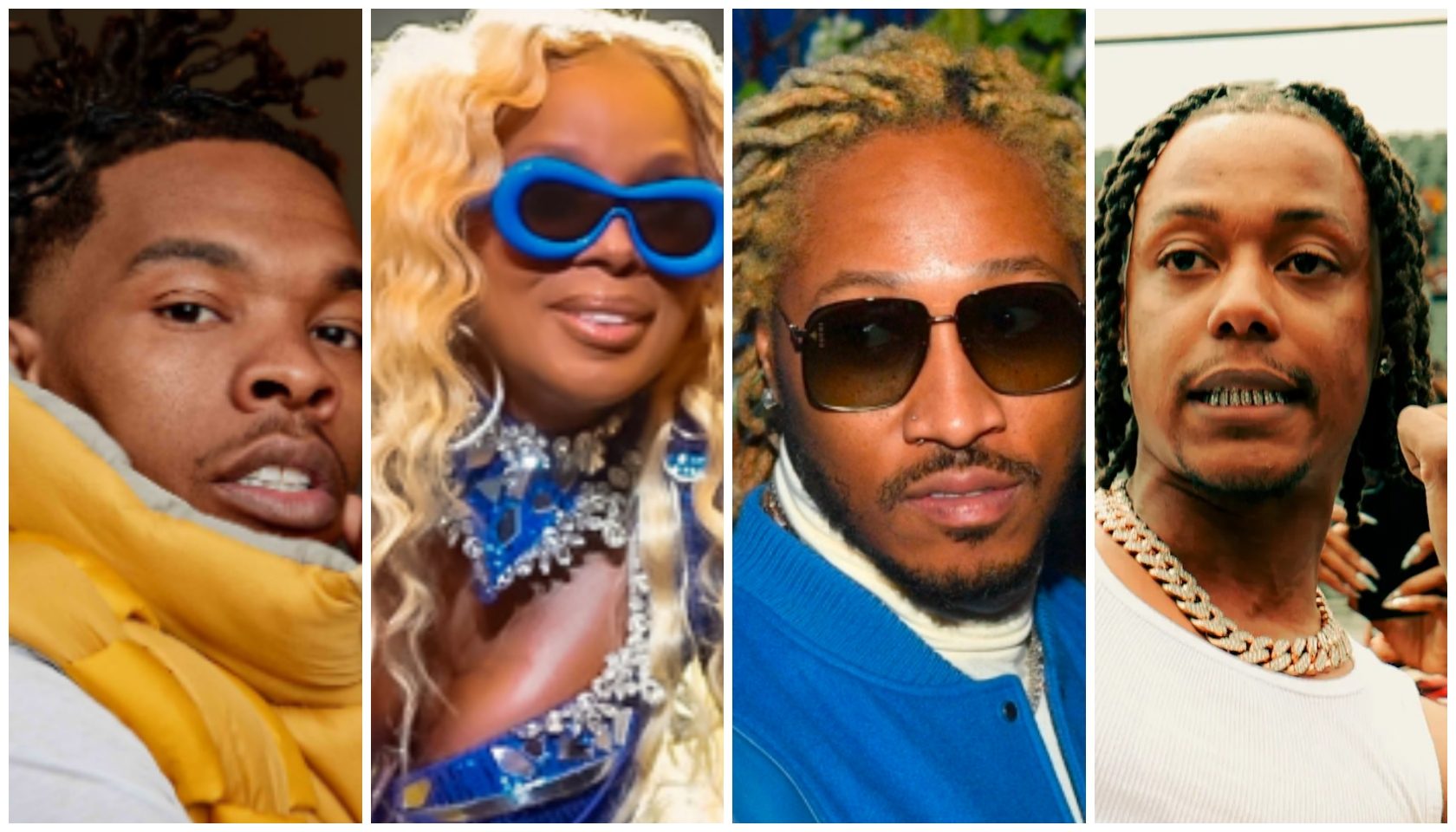 Four portraits of Black entertainers: a man with braids wearing a yellow jacket, a woman with blonde hair wearing blue sunglasses, a man with dreadlocks wearing a blue jacket, and a man with dreadlocks wearing a necklace.
