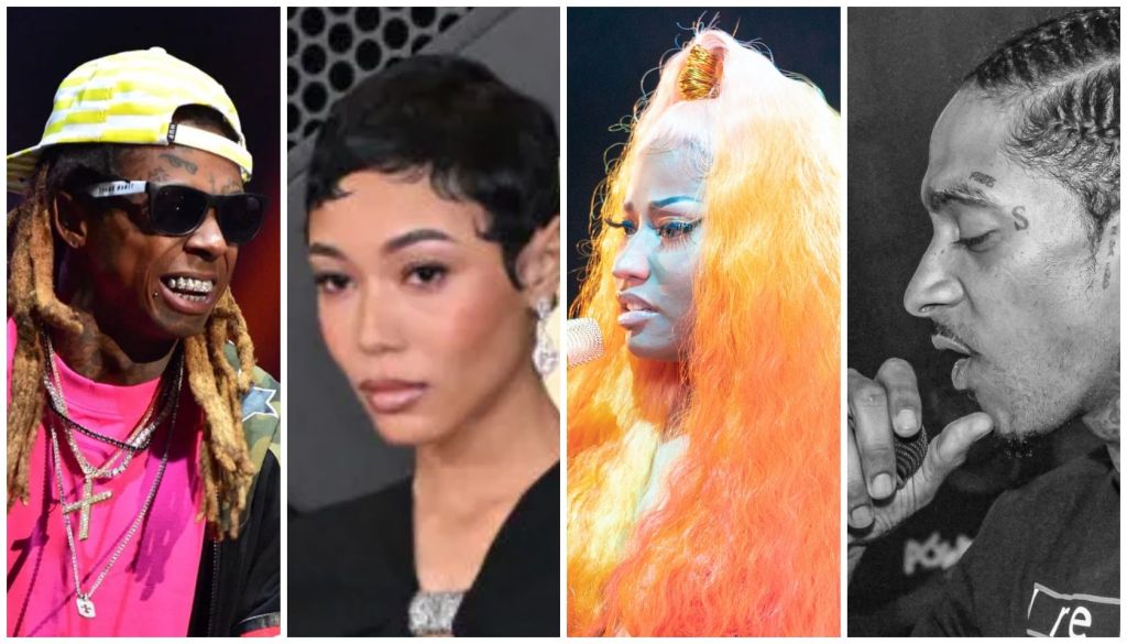 Collage of four portraits: a man with dreadlocks and sunglasses smiling, a woman with short dark hair, a woman with bright orange hair, and a man with braids singing into a microphone.
