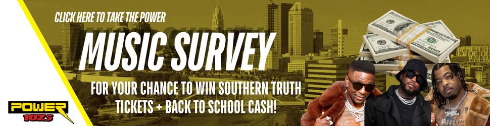 An advertisement for a music survey contest offering a chance to win Southern Truth tickets and back-to-school cash, featuring three men in sunglasses and a cityscape background.