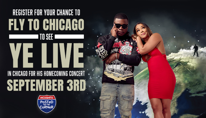 A man and woman posing together in front of a snowy landscape. The text reads "REGISTER FOR YOUR CHANCE TO FLY TO CHICAGO TO SEE YE LIVE IN CHICAGO FOR HIS HOMECOMING CONCERT SEPTEMBER 3RD".