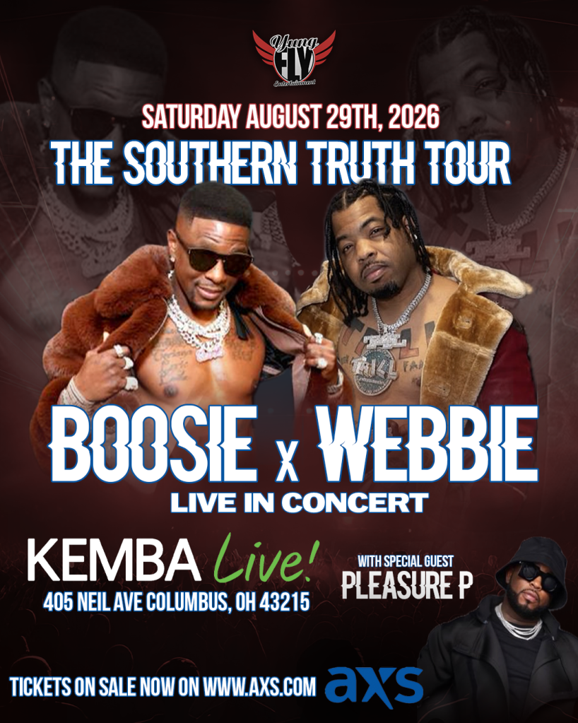 Poster for "The Southern Truth Tour" concert featuring Boosie and Webbie performing live at Kemba Live! in Columbus, Ohio on August 29, 2026, with special guest Pleasure P.
