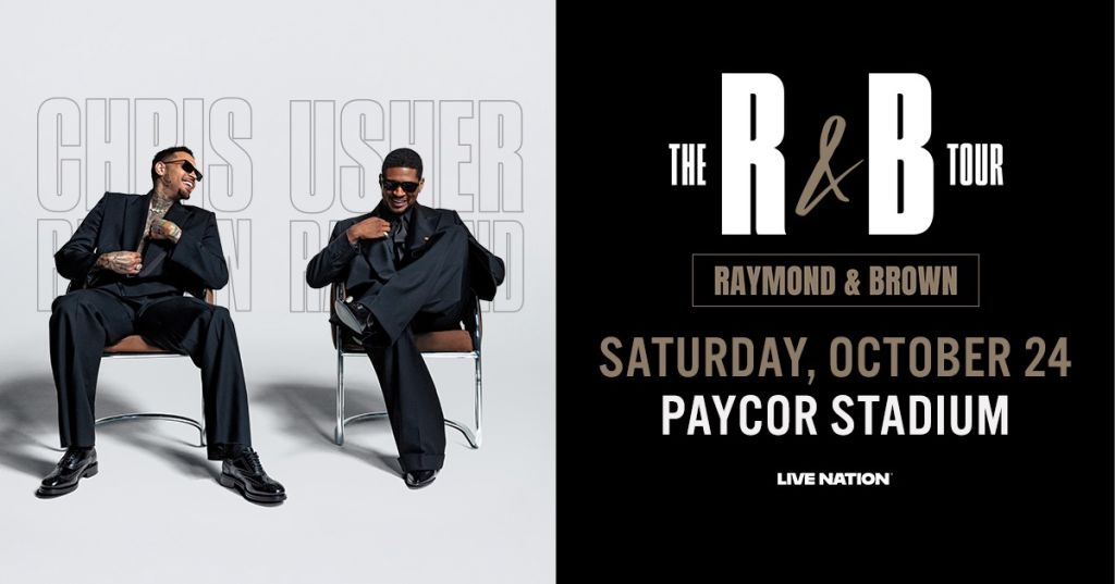 Two men in black suits sitting in chairs, with text "CHRIS USHER RAYMOND & BROWN THE R&B TOUR SATURDAY, OCTOBER 24 PAYCOR STADIUM LIVE NATION