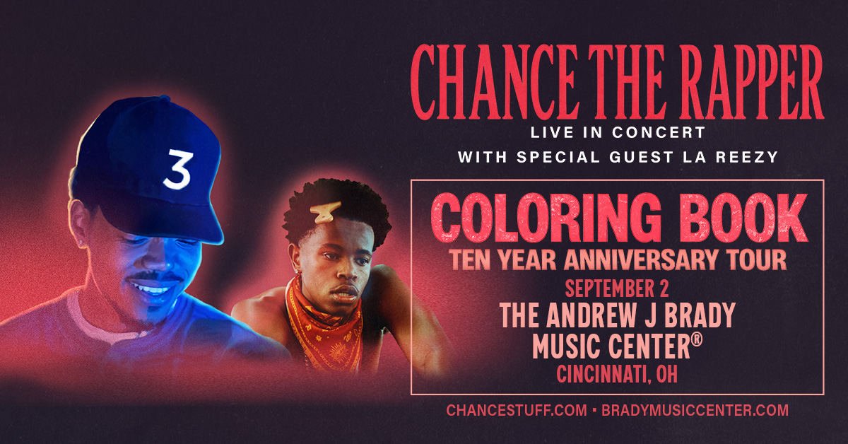 Promotional poster for Chance the Rapper's "Coloring Book Ten Year Anniversary Tour" concert, featuring the artist and details about the event.