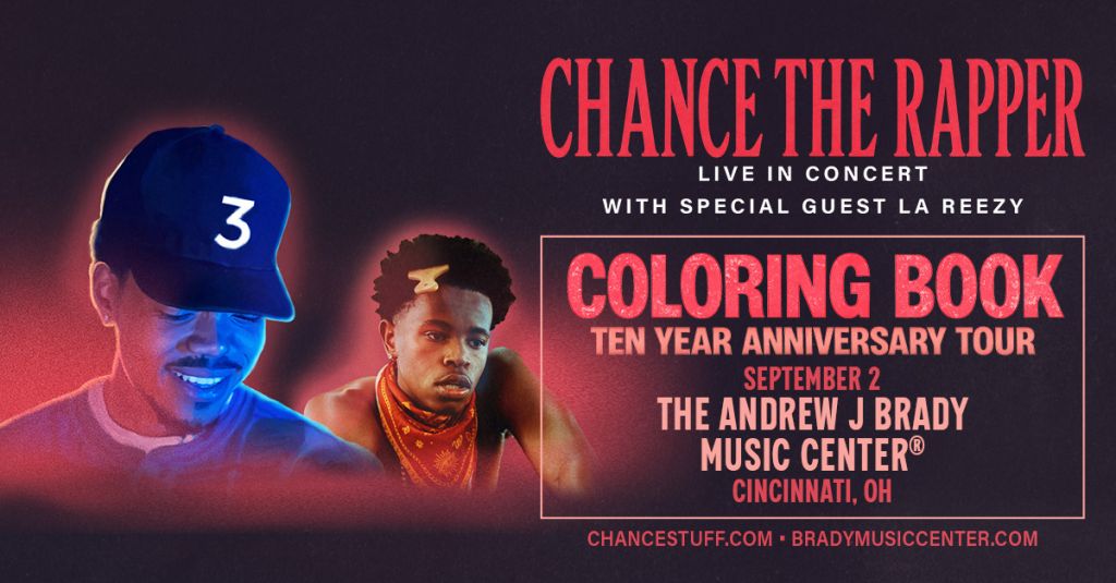 Promotional poster for Chance the Rapper's "Coloring Book Ten Year Anniversary Tour" concert, featuring the artist and details about the event.