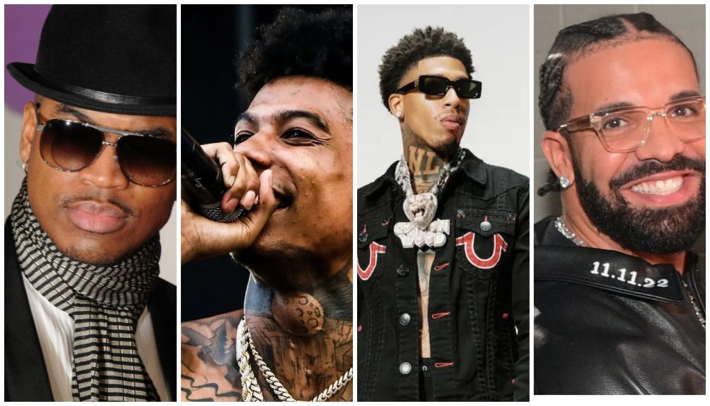 Four portraits of Black men wearing stylish sunglasses, hats, and jewelry, with one man smiling and another making a facial expression.
