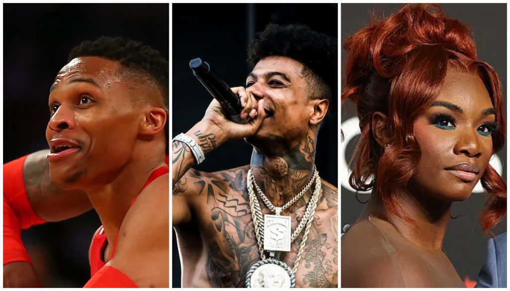 Three portraits of musicians: a man with a mohawk and tattoos performing on stage, a man with face tattoos singing into a microphone, and a woman with red hair and makeup posing for a photo.