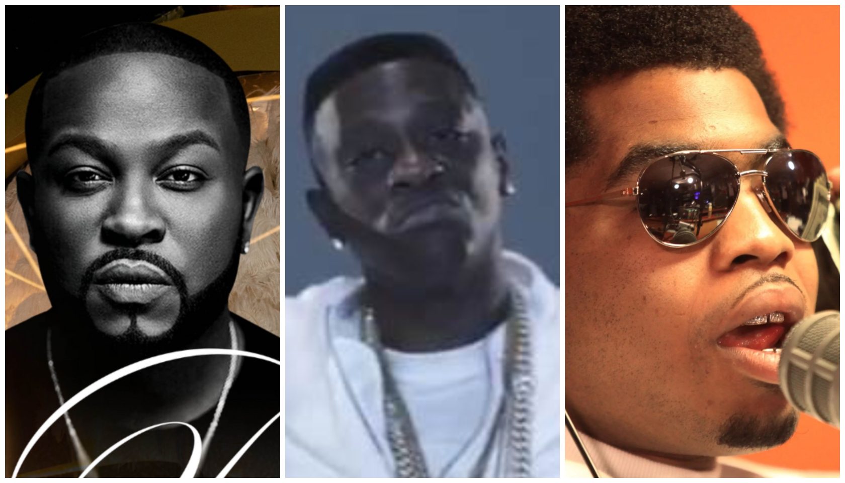 Three portraits of Black men, one wearing a hat with a logo, one in a white shirt, and one wearing sunglasses.